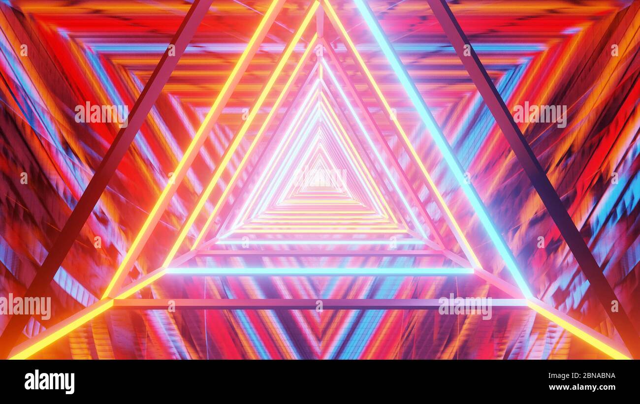 3D rendering of multicolored lights in a triangular pattern condensing ...