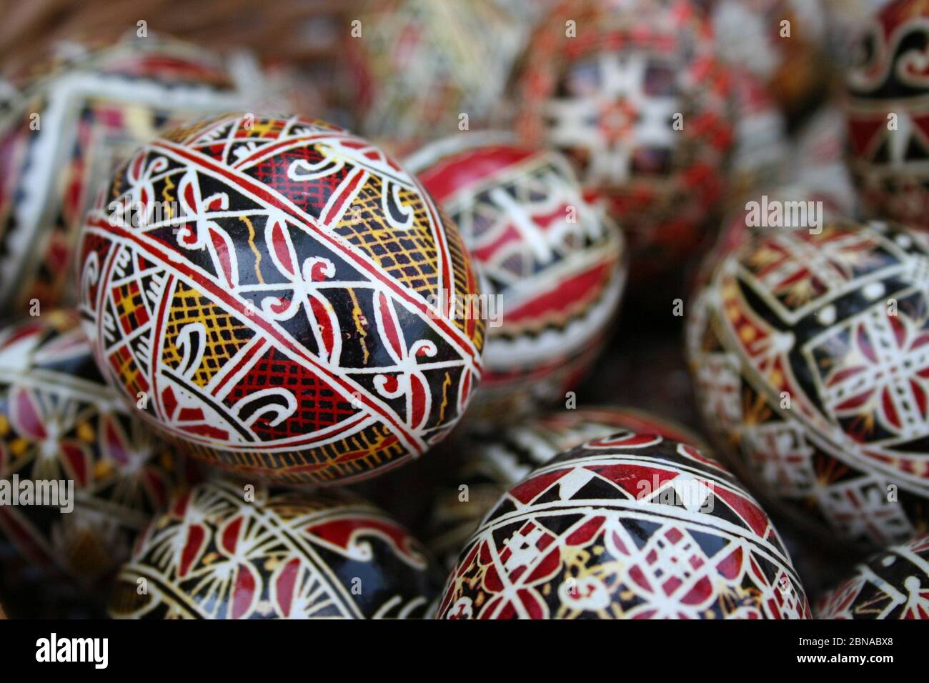 Group of easter eggs painted in a tribal pattern Stock Photo