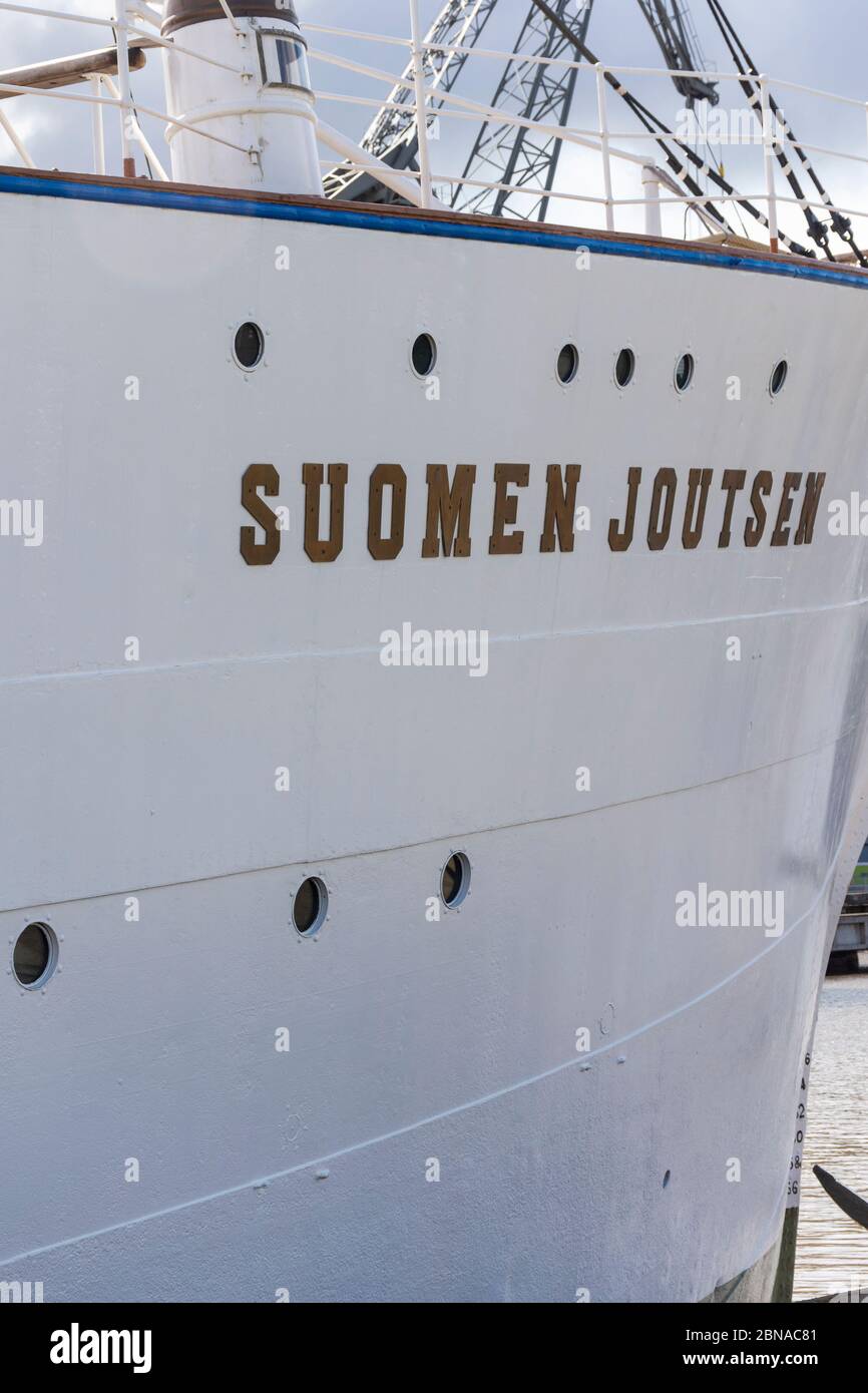 Suomen joutsen is a steel hulled three mast museum ship by Aurajoki river in Turku Finland Stock Photo