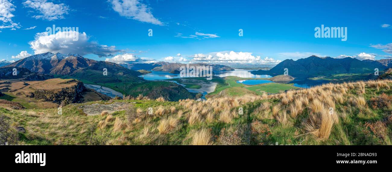 Panoramic views of Wanaka Lake and mountains, Rocky Peak, Glendhu Bay, Otago, South Island Stock Photo