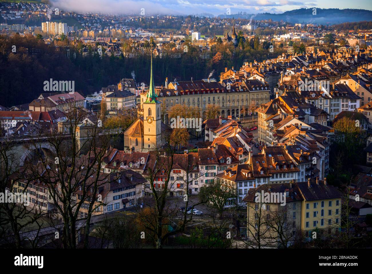 View from the rose garden to the old town, Nydeggkirche, Nydegg district, Bern, Canton of Bern, Switzerland, Europe Stock Photo