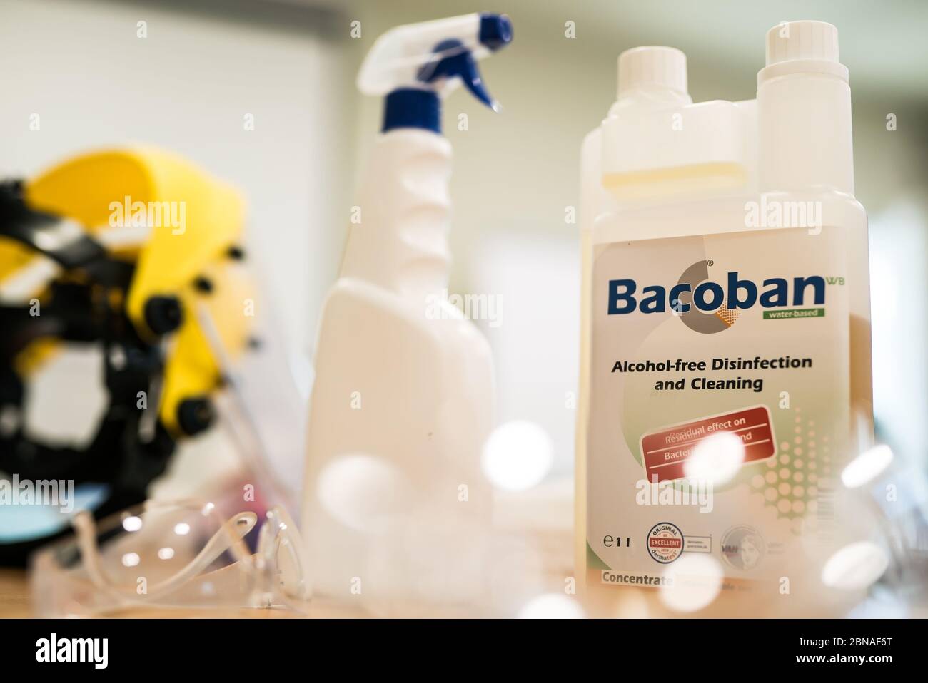 Vienna, Austria - May 10, 2020: Bacoban collection of disinfectants. 4K stock video. Stock Photo