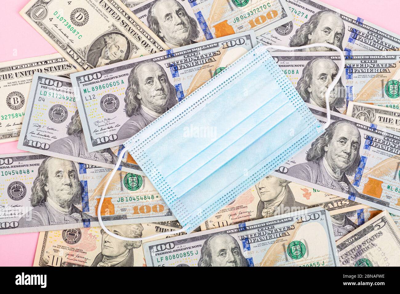 Download Medical Mask And Cash Money One Hundred Dollars Bills On Pink Background Flat Lay Top View Overhead Mockup Template Concept Of Financial Crisis Stock Photo Alamy