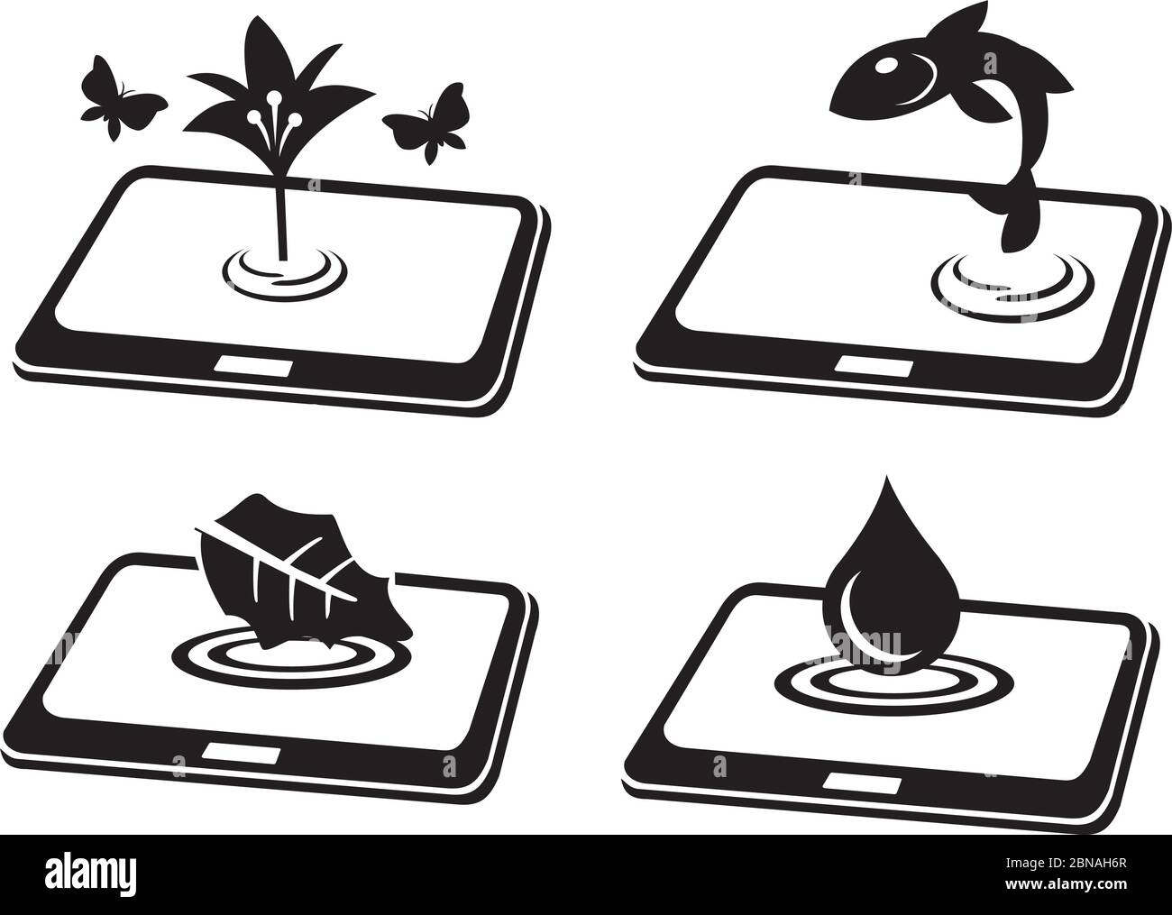 Symbols Of Nature Elements Coming To Life From The Touch Screen Of Digital Tablet Computer Set Of Four Black And White Conceptual Vector Icon Illustr Stock Vector Image Art Alamy