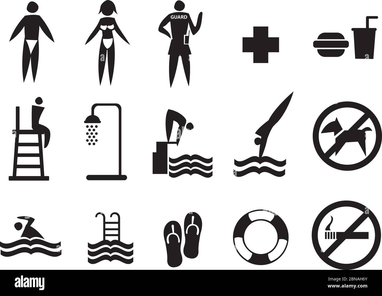 Collection of swimming pool vector icons in black isolated on white
