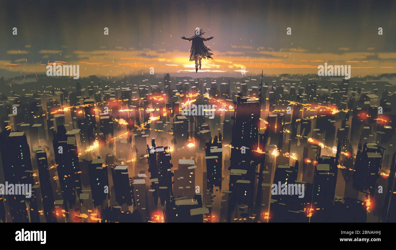 man floating in the sky and destroys the city with evil power, digital art style, illustration painting Stock Photo