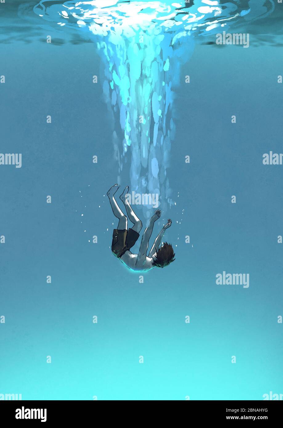 the young man falling underwater, depressed concept, digital art style