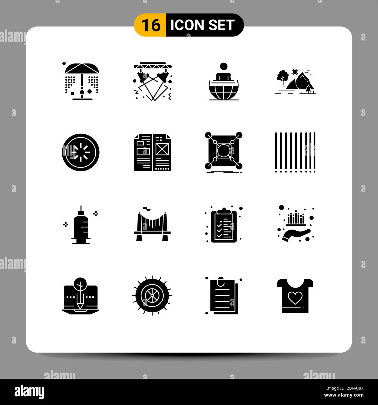 Mobile Interface Solid Glyph Set of 16 Pictograms of buffer, mountain, global process, nature, hill Editable Vector Design Elements Stock Vector
