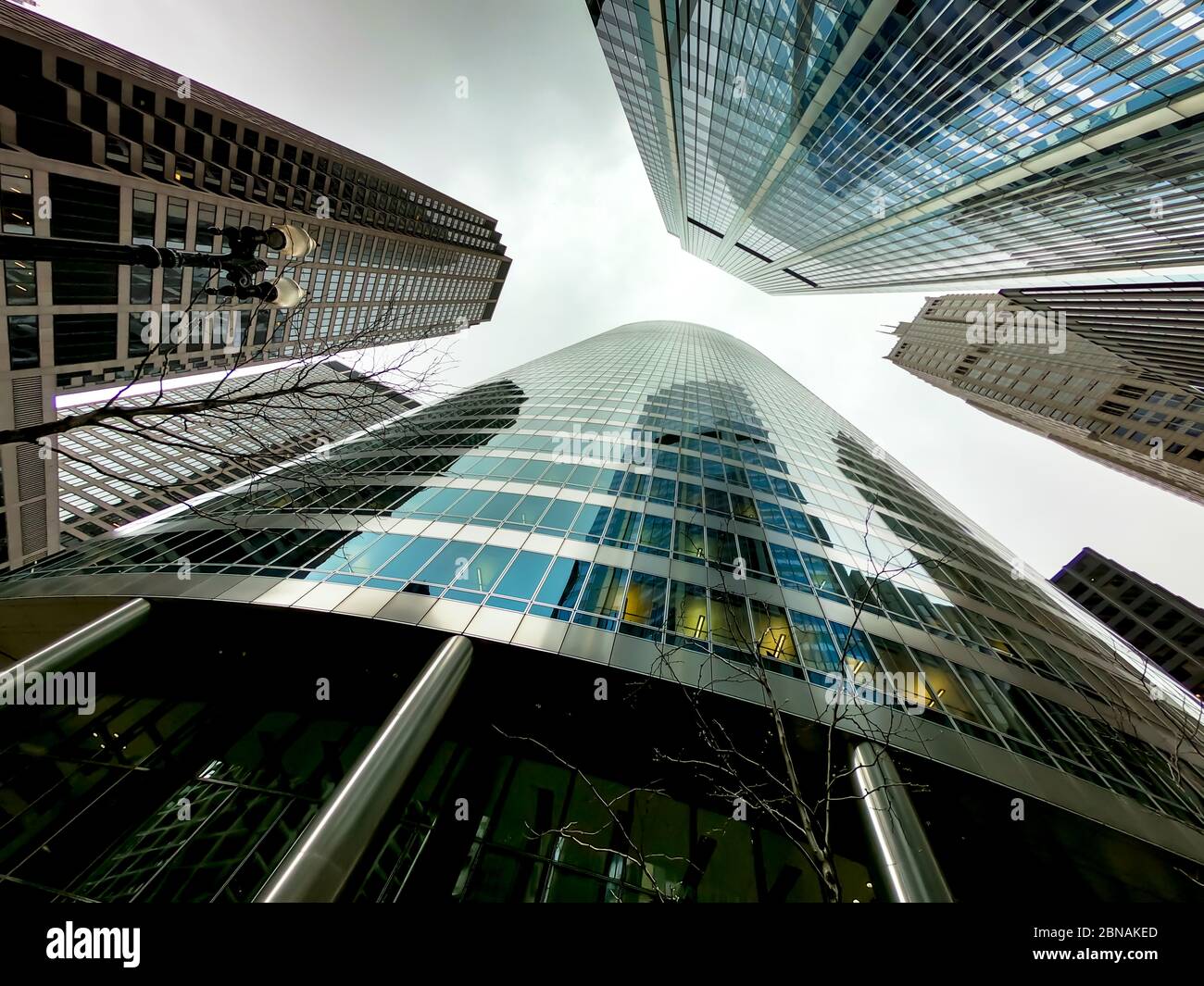 Upward view of chicago skyscrapers and tall office buildings. Showcasing various architectural styles. Illinois usa. Stock Photo