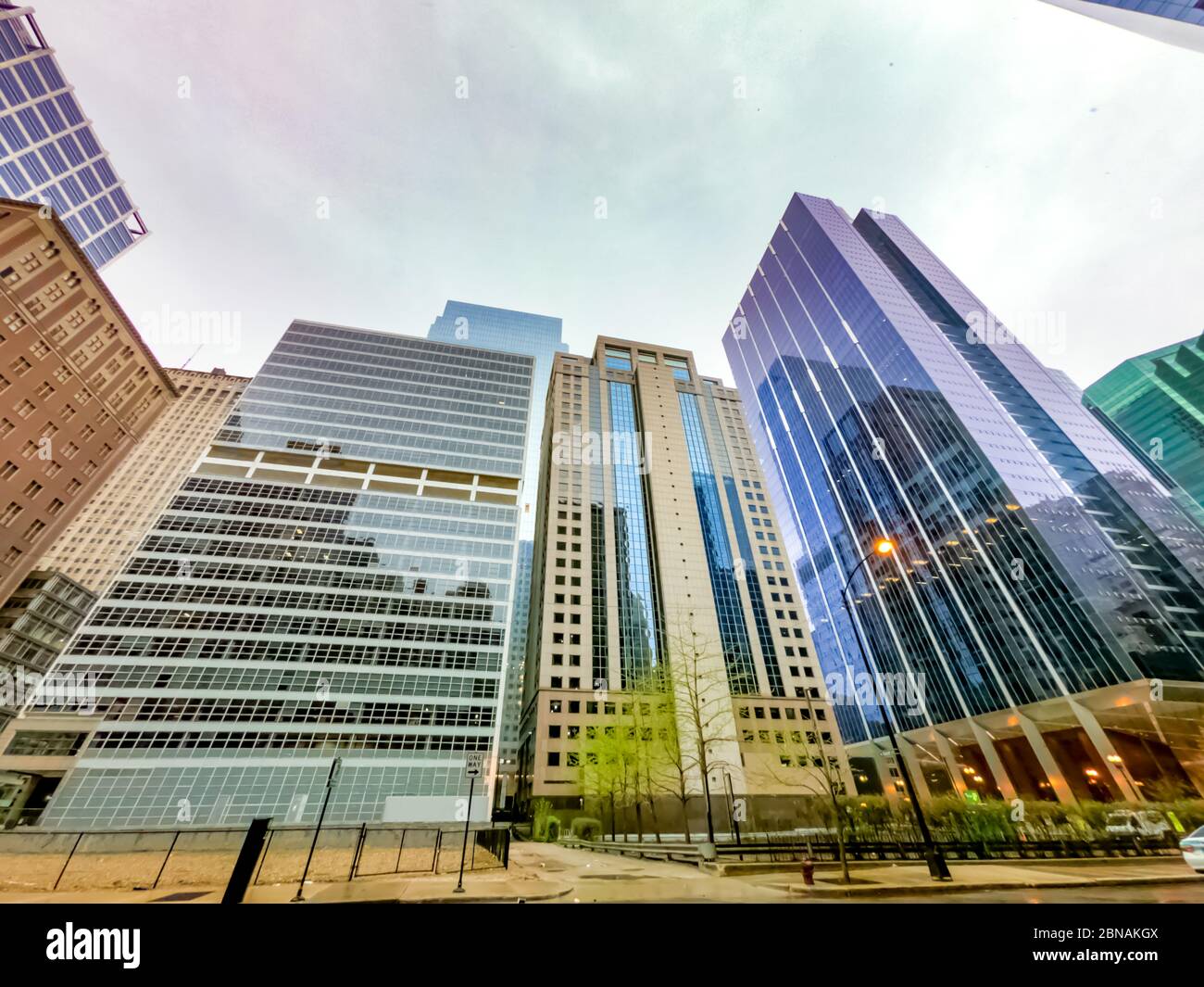 Upward view of chicago skyscrapers and tall office buildings. Showcasing various architectural styles. Illinois usa. Stock Photo