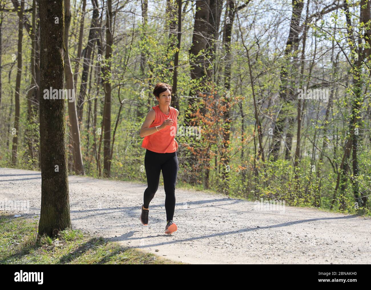 Woman, 40-45 years old, jogging in a forest area in Munich, Bavaria, Germany. Stock Photo