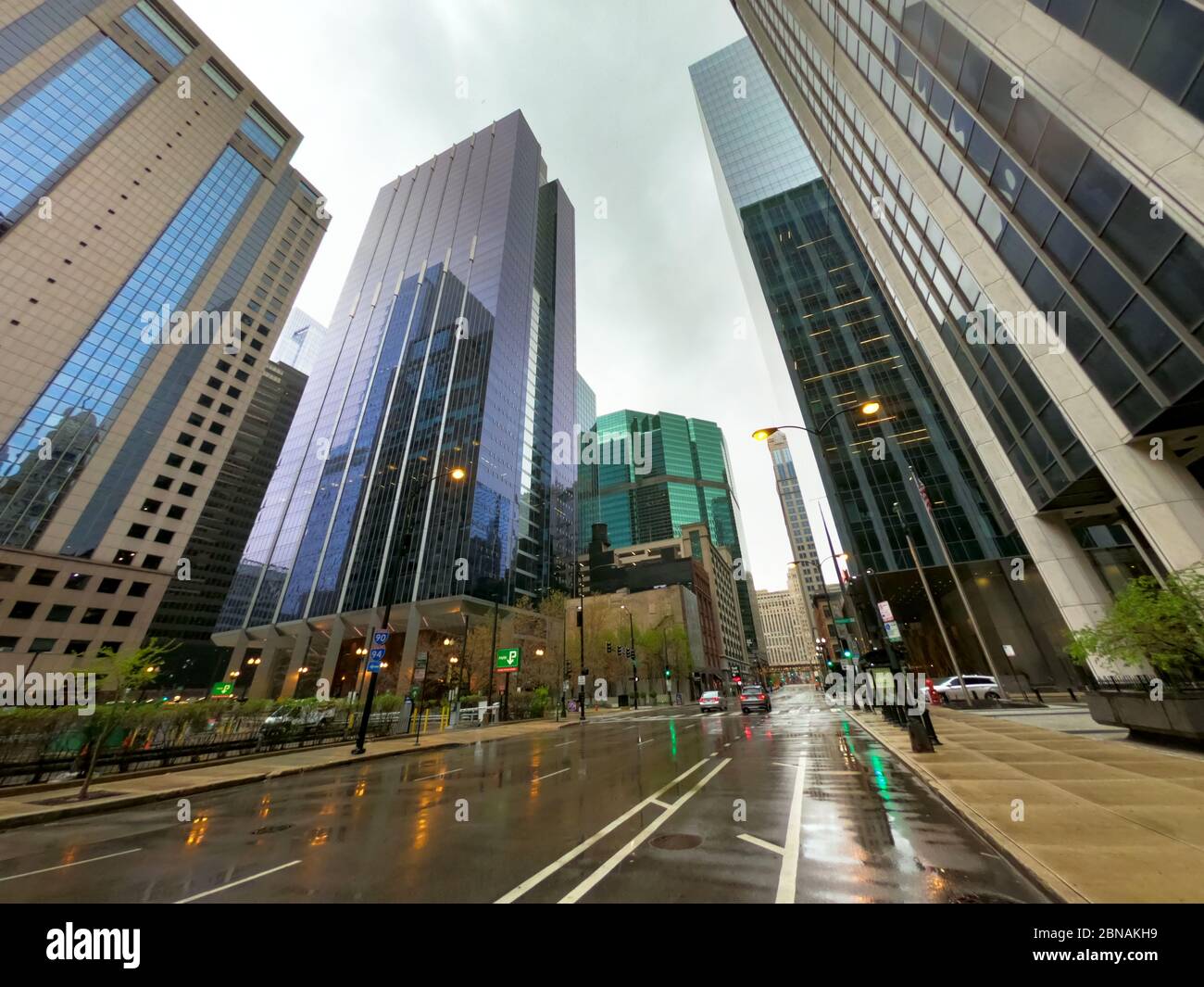 Street level view of chicago skyscrapers, business and tall office