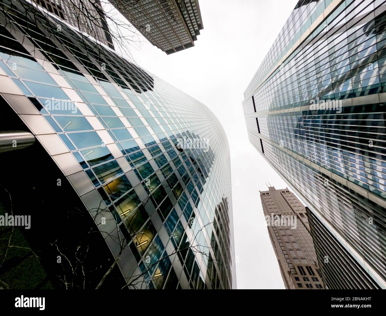 Upward view of chicago skyscrapers and tall office buildings. Showcasing various architectural styles. Illinois usa. Stock Photo