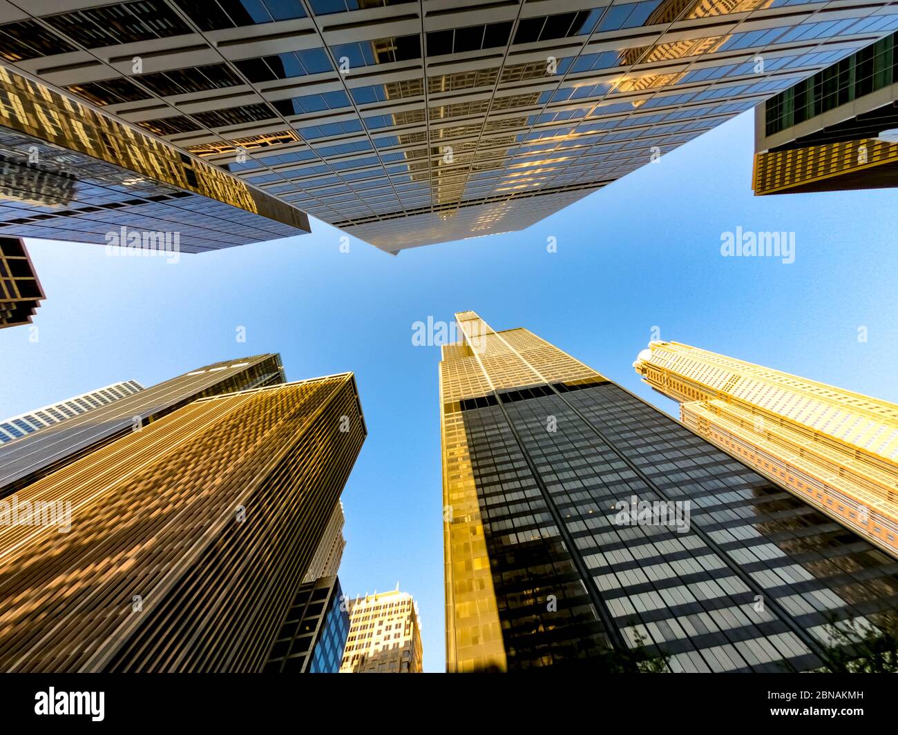 Upward view of chicago skyscrapers and tall office buildings.  Showcasing various architectural styles. Illinois usa. Stock Photo