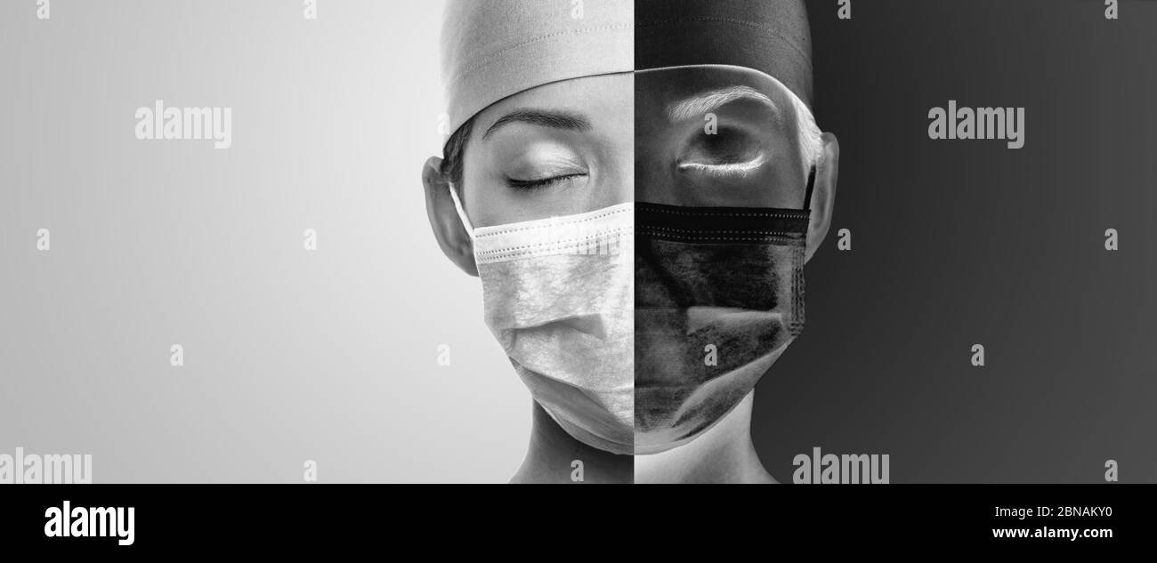 Two dark sides of COVID-19. Sad doctor with closed eyes tired wearing mask with face divided in black and white banner panoramic. Coronavirus healthcare crisis. Stock Photo