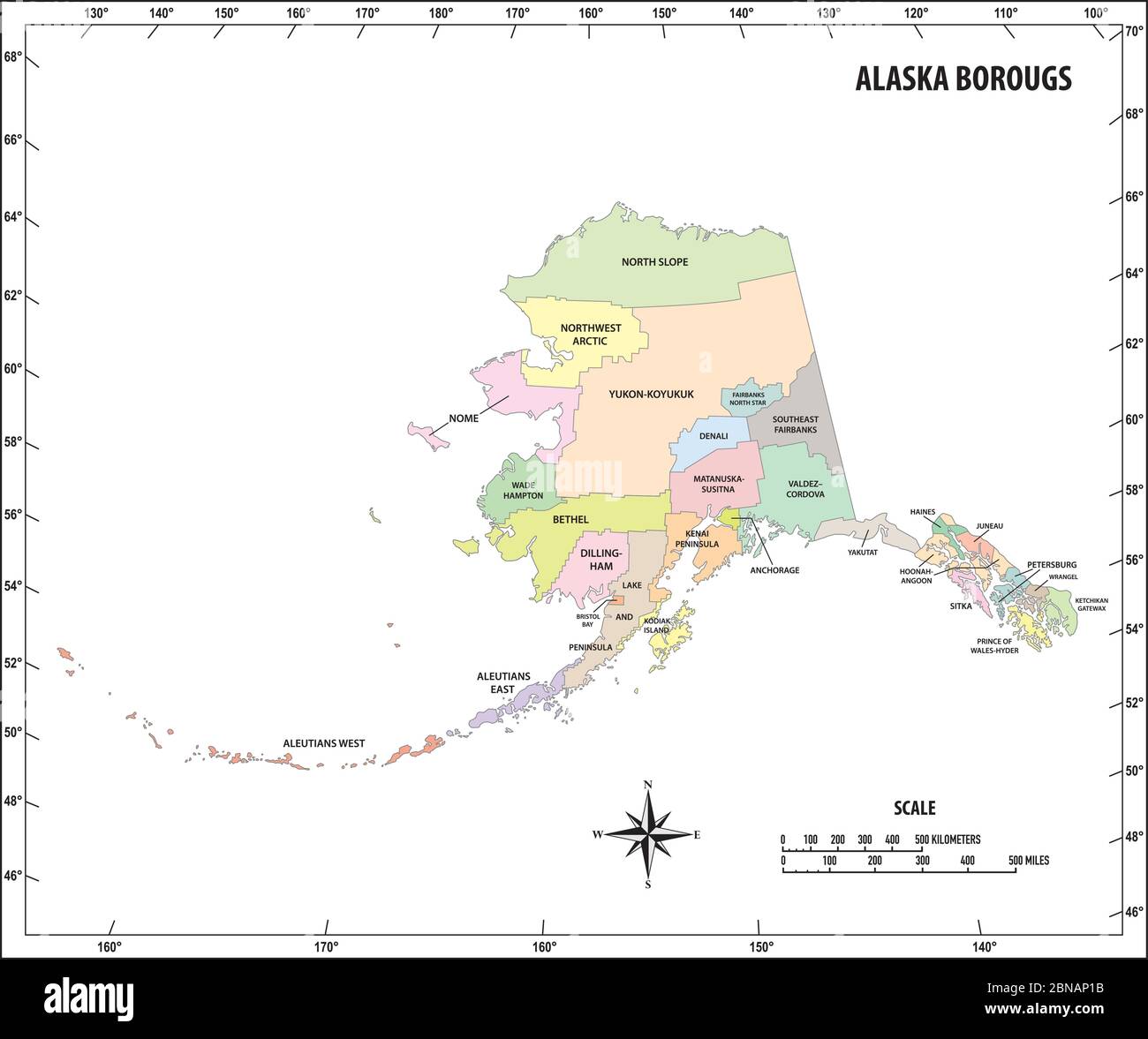 Alaska state outline administrative and political vector map in color ...