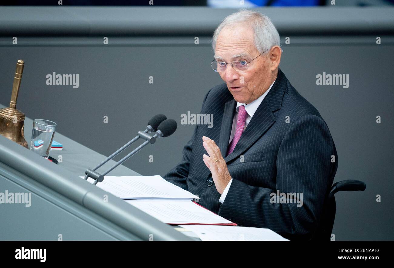 Berlin, Germany. 14th May, 2020. Wolfgang Schäuble (CDU), President of the Bundestag, attends the session of the Bundestag. Topics of the 160th session will include the adoption of a law on further corona measures in the health care system, the adoption of a law to increase short-time work compensation and ESM credit lines for corona assistance in the euro zone. Credit: Kay Nietfeld/dpa/Alamy Live News Stock Photo