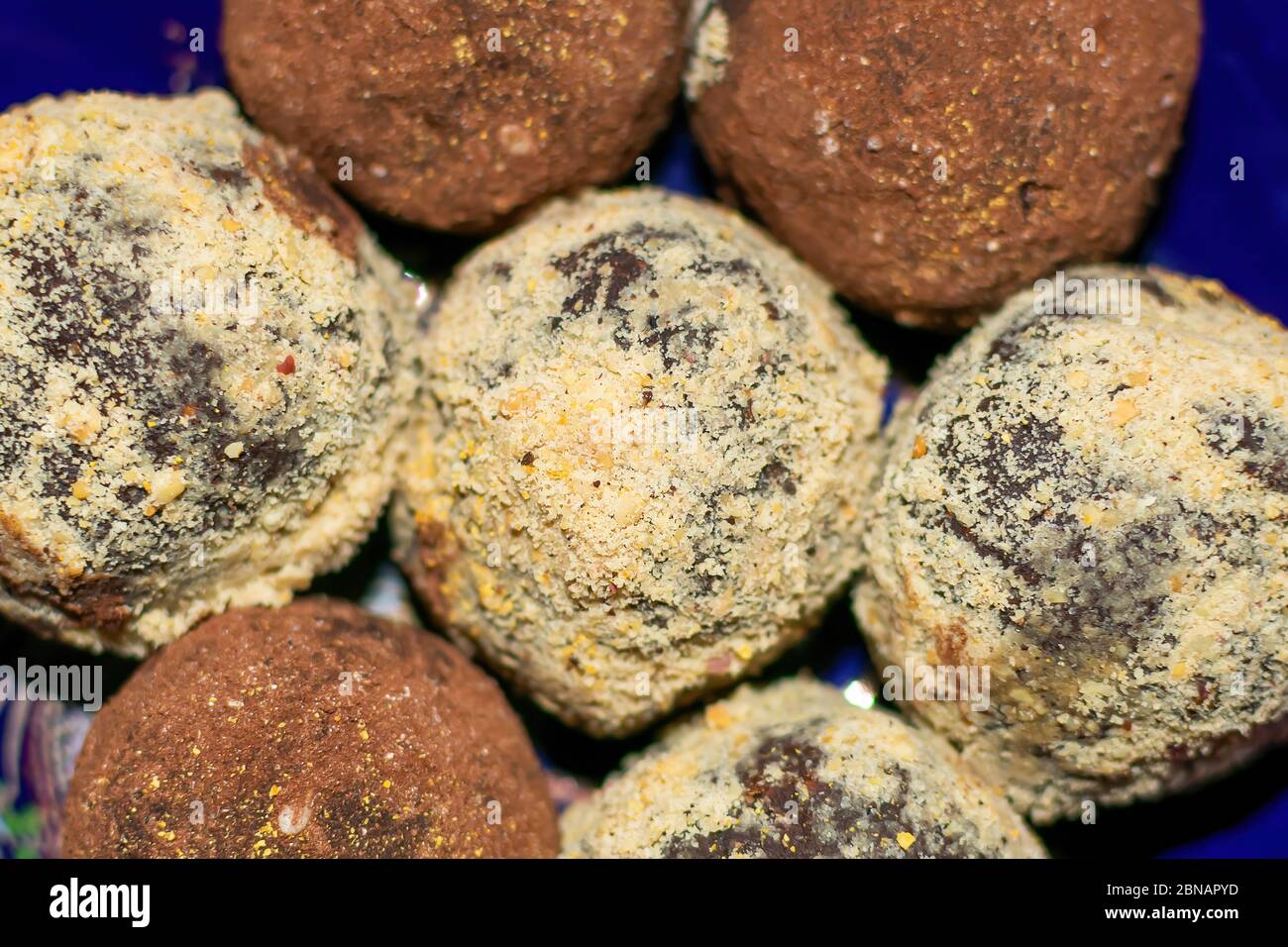 Delicious handmade Bonbon chocolate, assortment of delicious decorative round candies, close-up Stock Photo