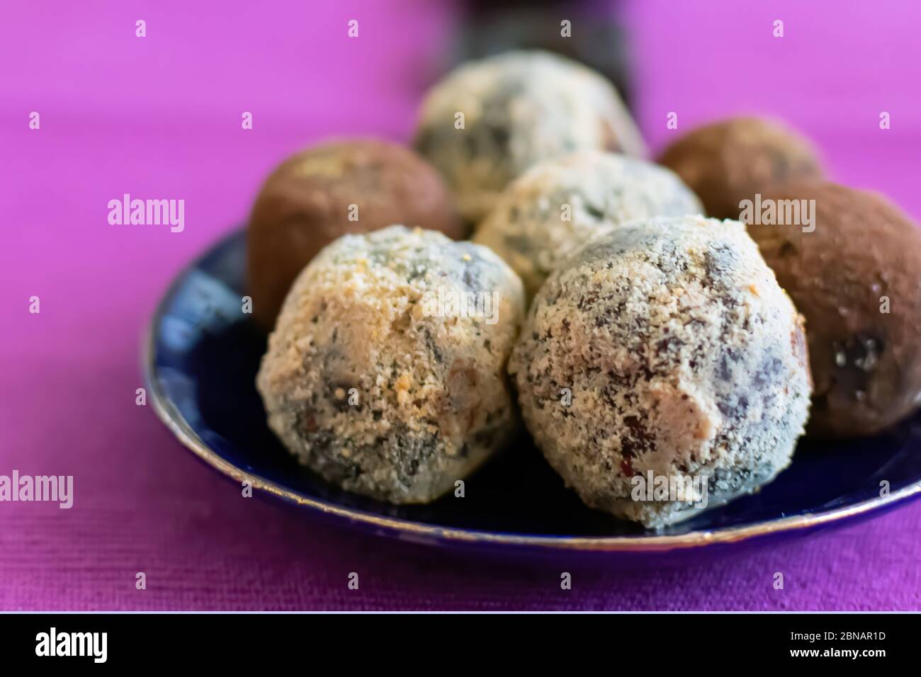 Delicious handmade Bonbon chocolate, assortment of delicious decorative round candies, close-up Stock Photo