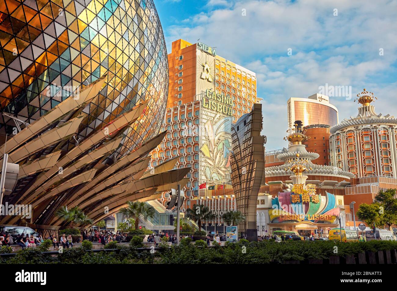 Buildings of the two casino hotels – The Grand Lisboa Hotel (left) and The Lisboa Hotel (right). Macau, China. Stock Photo