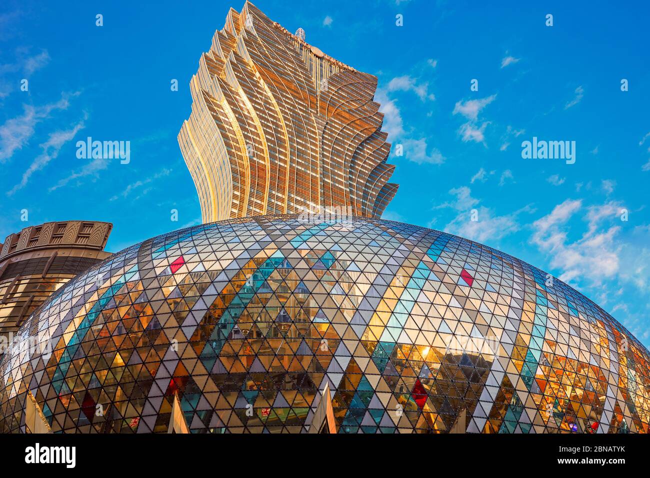 Shiny golden dome of the Hotel Grand Lisboa. Macau, China. Stock Photo