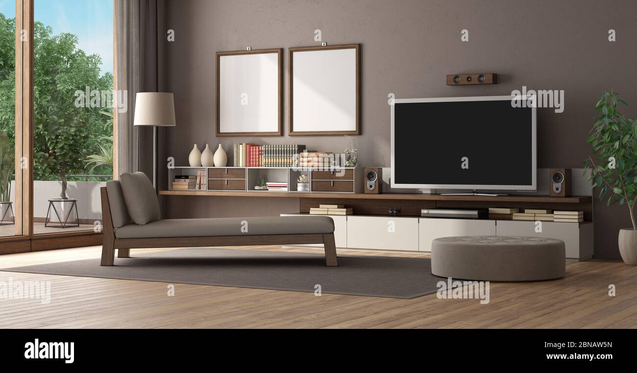 Embryo Uitsluiting Herenhuis Brown living room with home cinema system,chaise lounge and footstool - 3d  rendering Stock Photo - Alamy