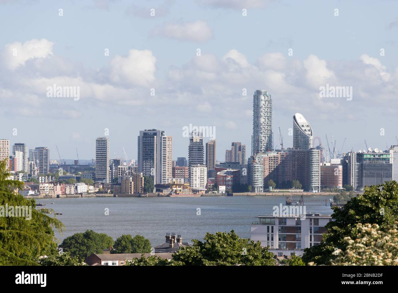 View of Thames at Blackwall from Greenwich Park, London UK Stock Photo
