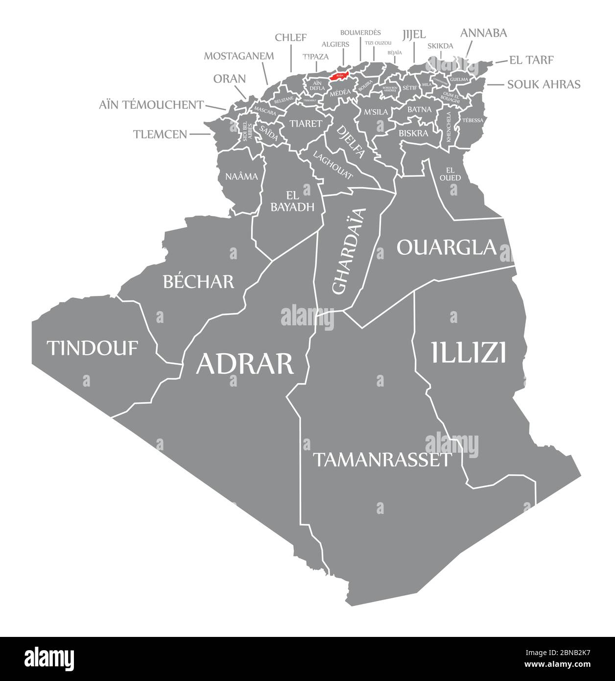 Blida Red Highlighted In Map Of Algeria Stock Vector Image & Art - Alamy