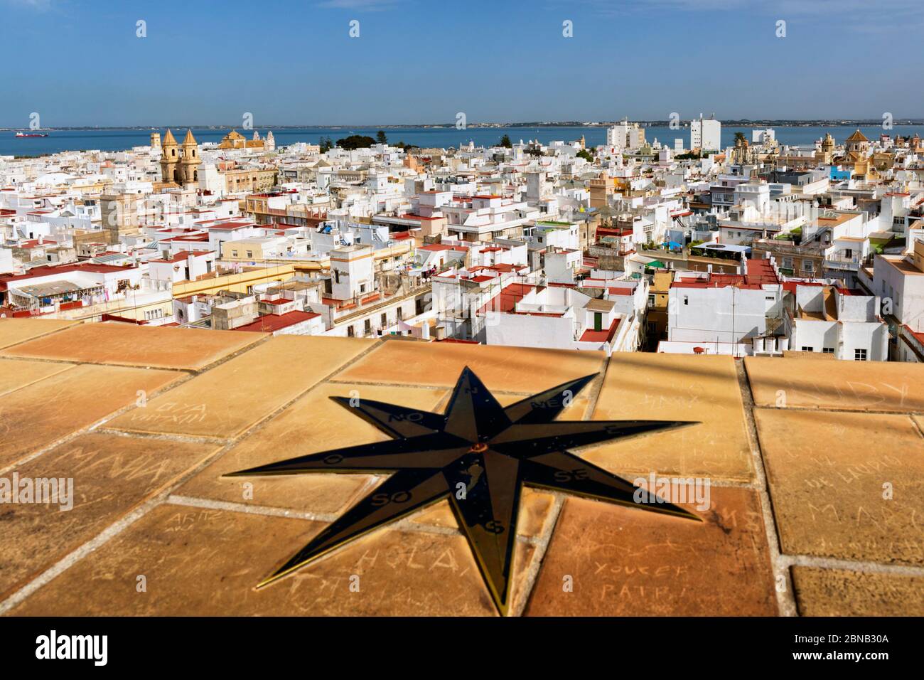 View of the old town from the Torre Tavira, Cadiz, Cadiz Province, Costa de la Luz, Andalusia, Spain.  The church is that of San Antonio. Stock Photo