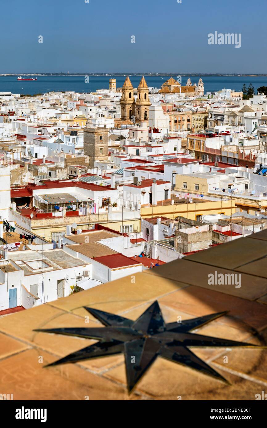 View of the old town from the Torre Tavira, Cadiz, Cadiz Province, Costa de la Luz, Andalusia, Spain.  The church is that of San Antonio. Stock Photo