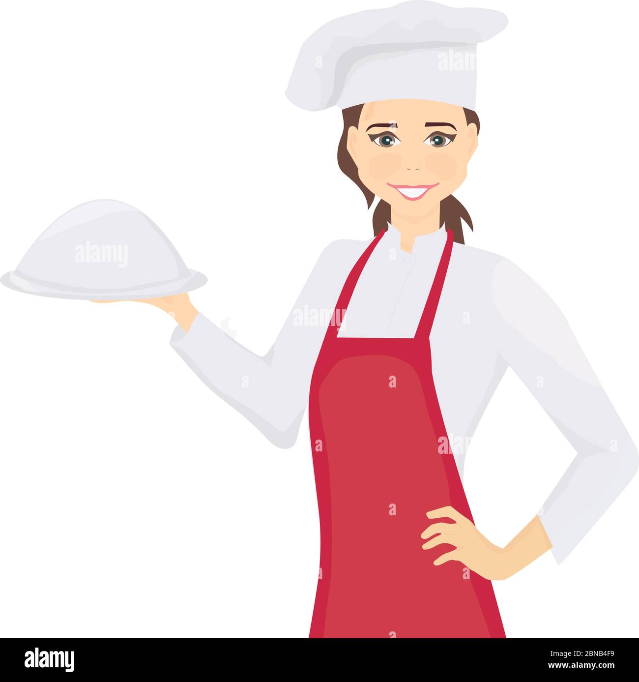 Beautiful girl chef cook holds a dish in her hands.Cooking concept.Cooking  logo.Vector illustration. Stock Vector