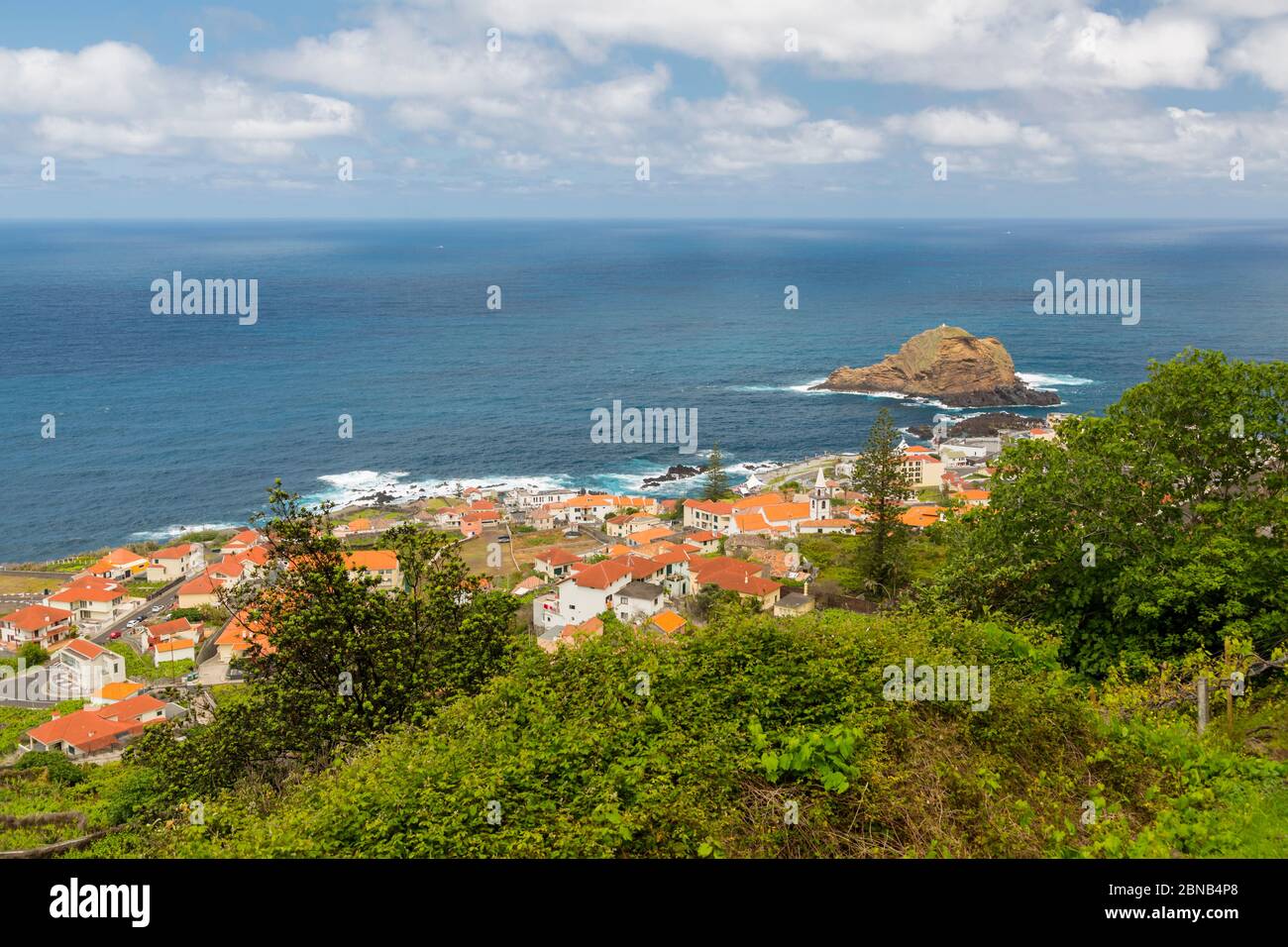 View of seaside town from elevated position, Porto Moniz, Madeira, Portugal, Europe Stock Photo