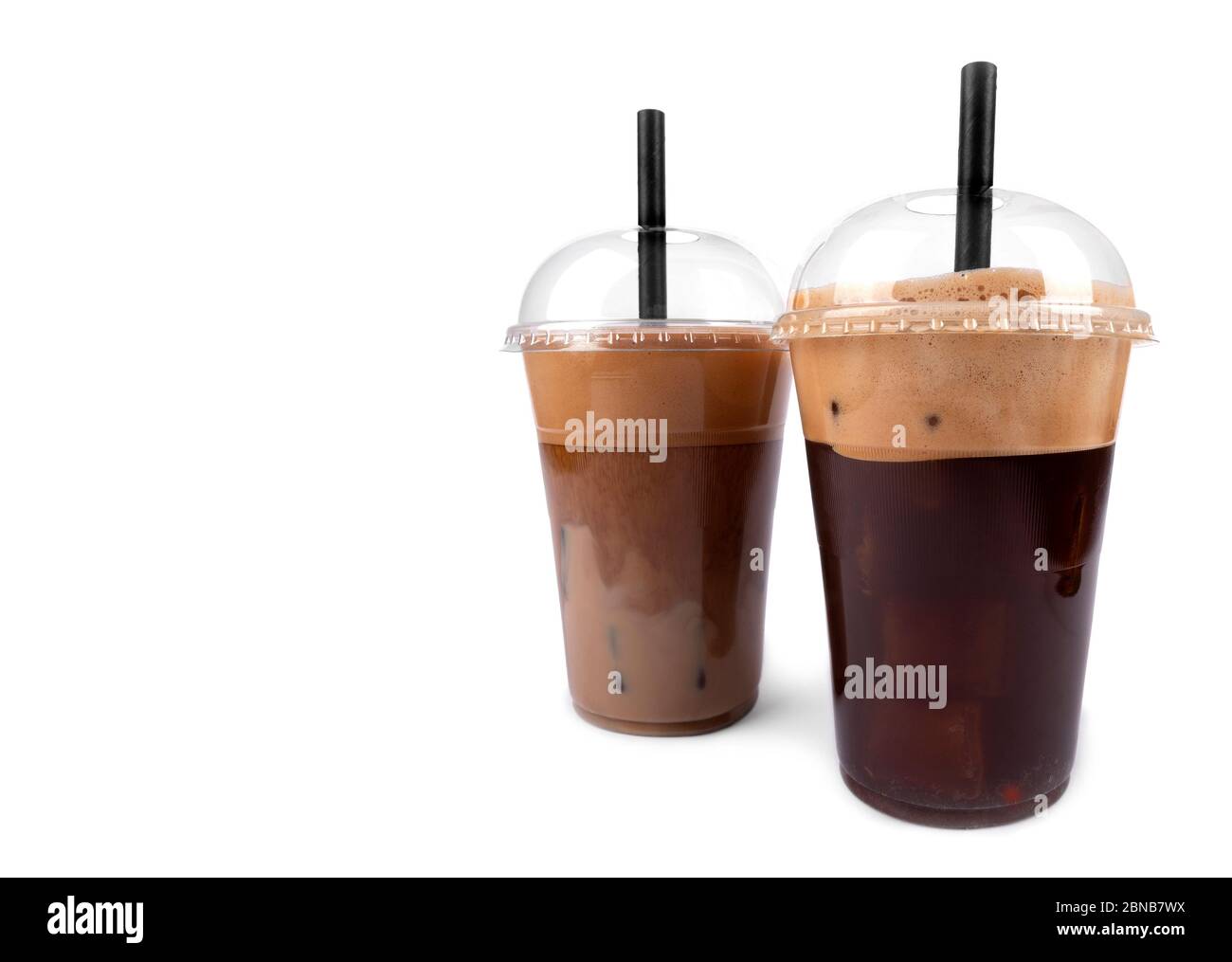 Frappe coffee with straw in plastic takeaway cup isolated on white background Stock Photo