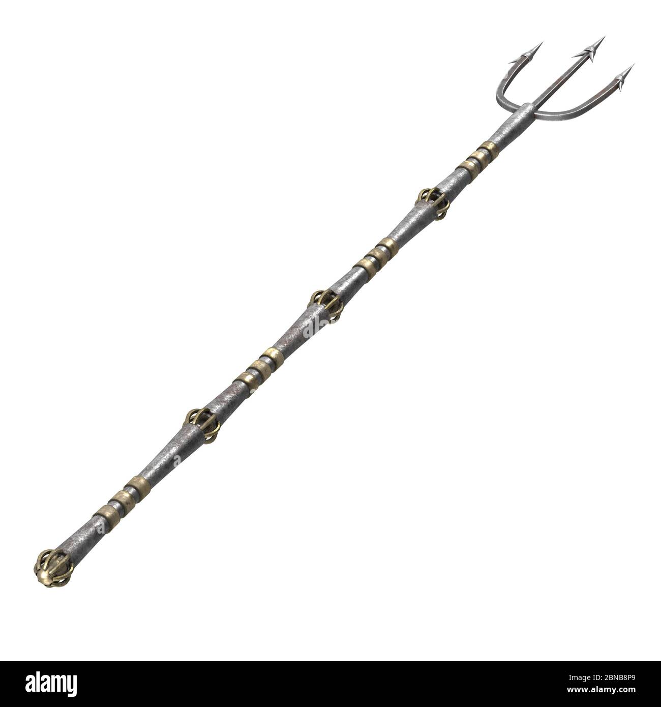 metallic long trident on an isolated white background. 3d illustration Stock Photo