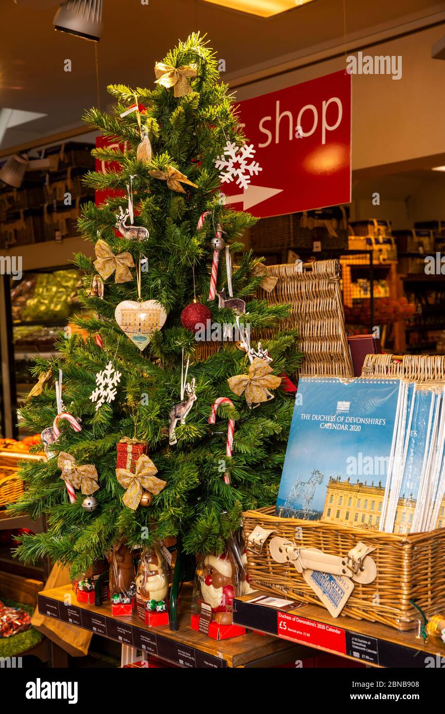 UK, England, Derbyshire, Pilsley, Chatsworth Estate Farm shop, Christmas Tree and calendars for sale Stock Photo