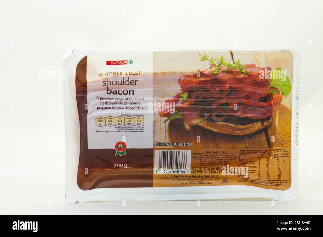 Alberton, South Africa - a packet of Spar butcher's best shoulder bacon isolated on a clear background image with copy space Stock Photo