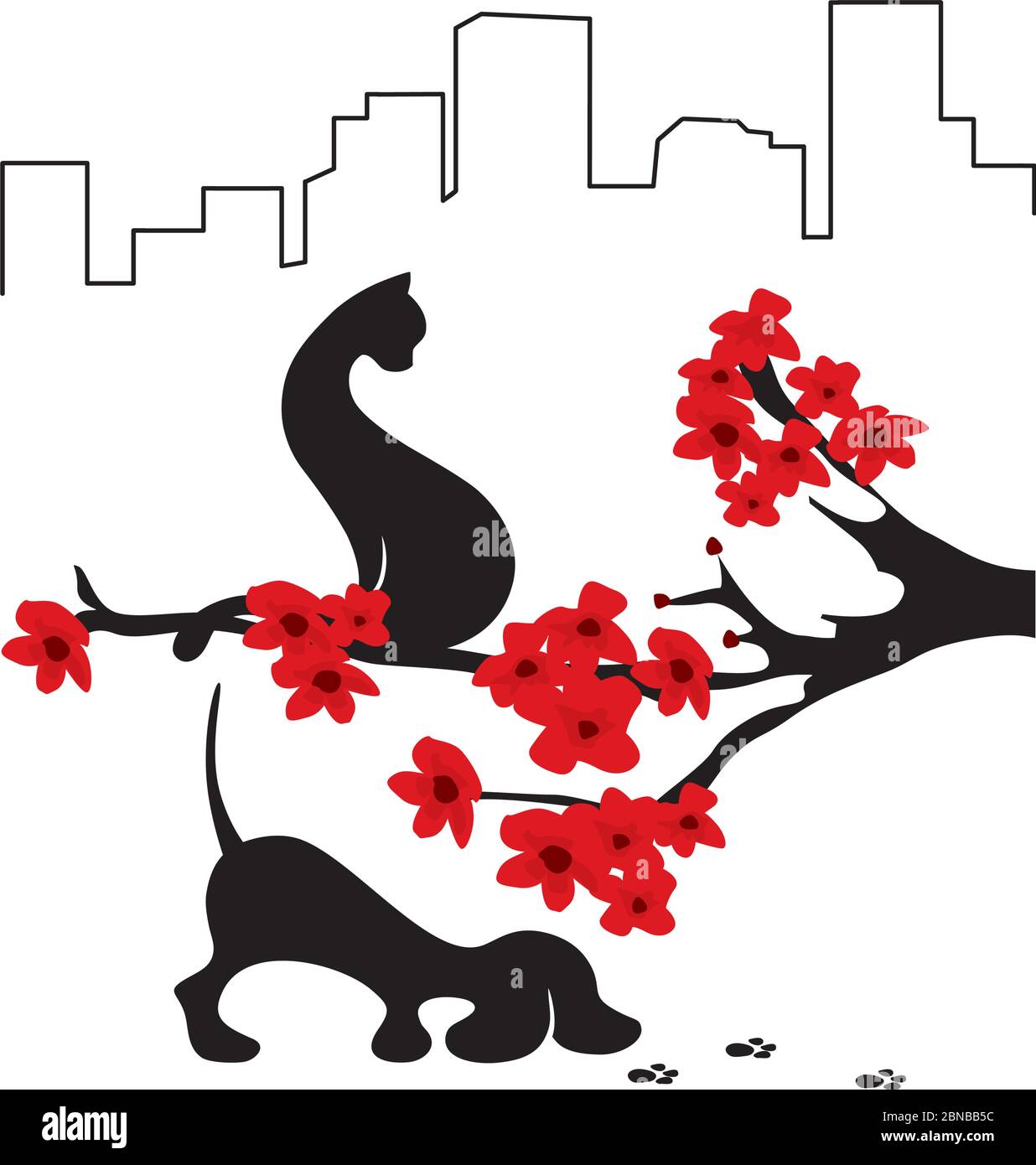 black cat sitting on blossom tree branch until puppy tracing paws trail Stock Vector