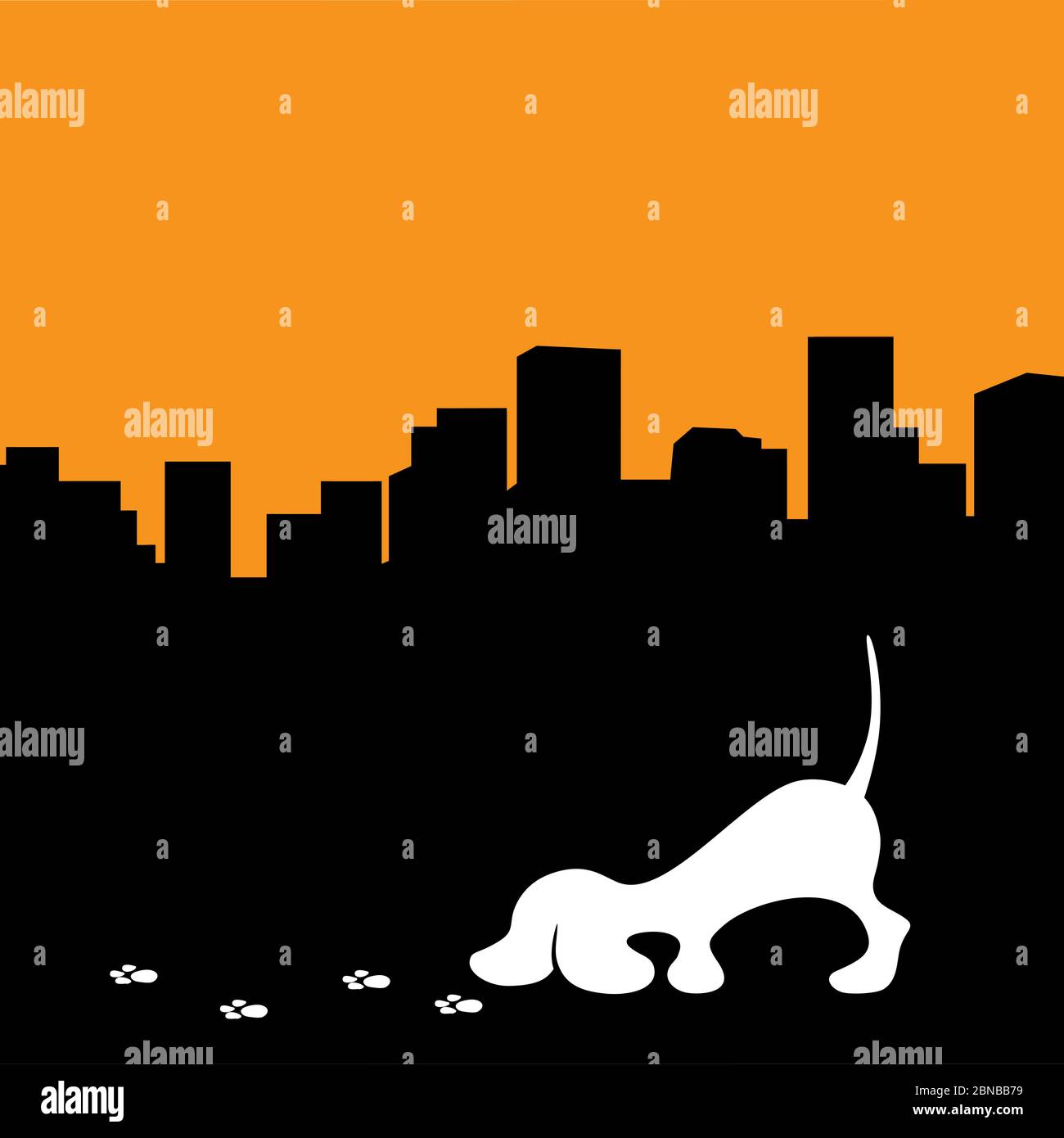 city skyline and little dog sniffing paw trails Stock Vector
