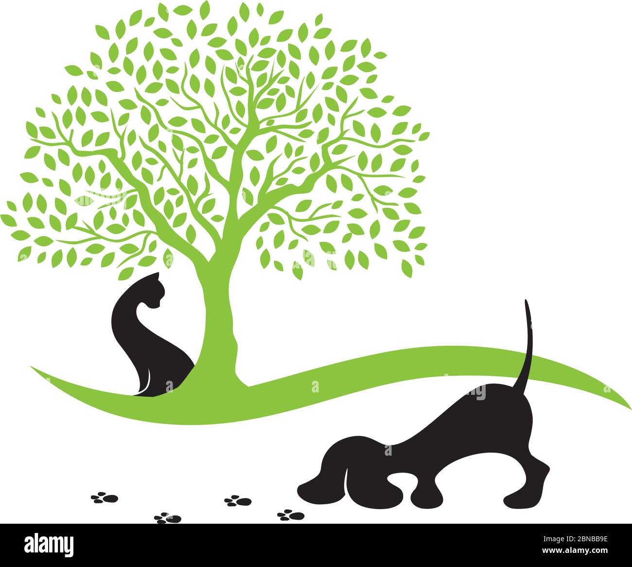 cat under the tree until dog tracing paws trail Stock Vector