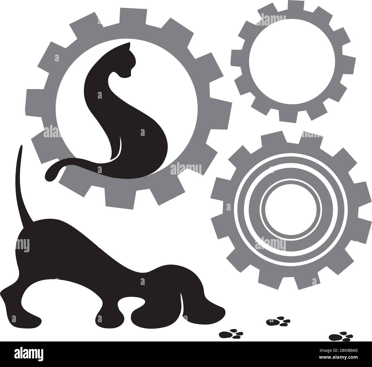 cat sitting inside of gears until little dog tracing paw trail Stock Vector