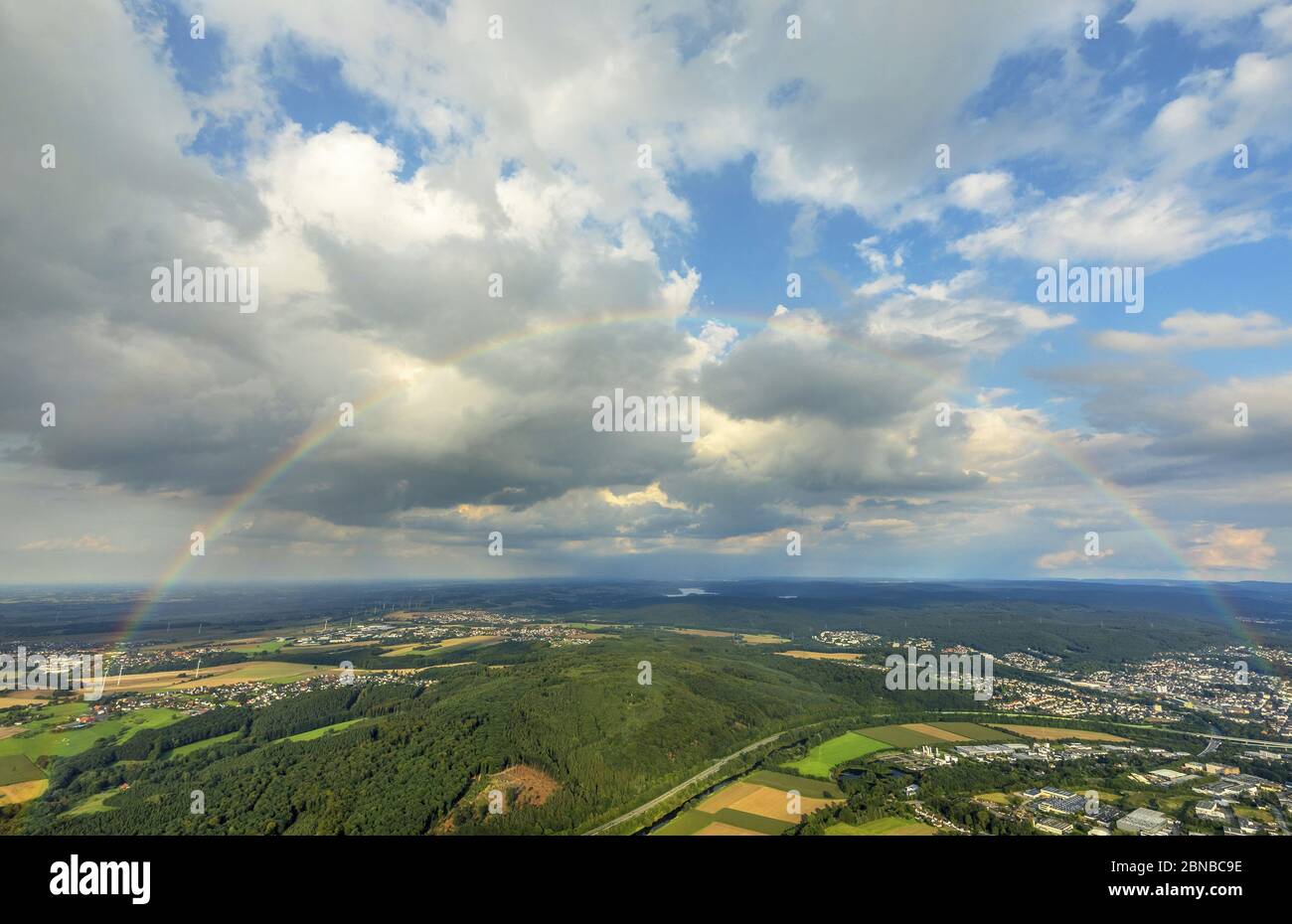 , rainbow over Arnsberg, 03.09.2017, aerial view, Germany, North Rhine-Westphalia, Sauerland, Arnsberg Stock Photo