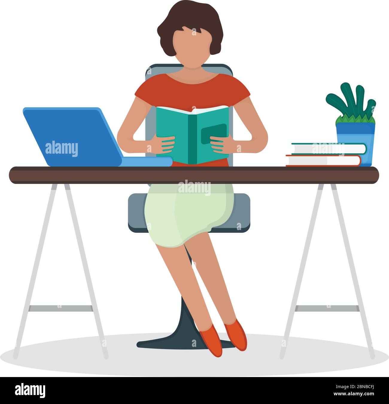 Woman character sitting workplace table female read book and make job laptop  computer freelance isolated on white, flat vector illustration. Cartoon d  Stock Vector Image & Art - Alamy