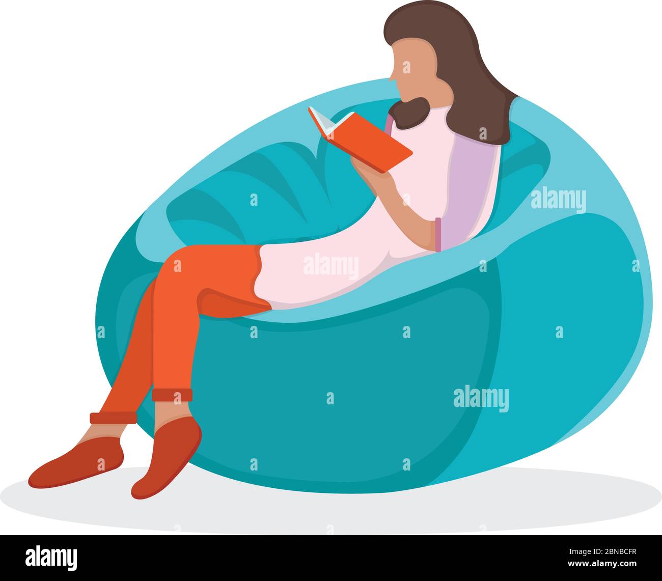 Woman character sitting soft bag chair, female read book and study isolated on white, flat vector illustration. Cartoon design concept, girl resting a Stock Vector