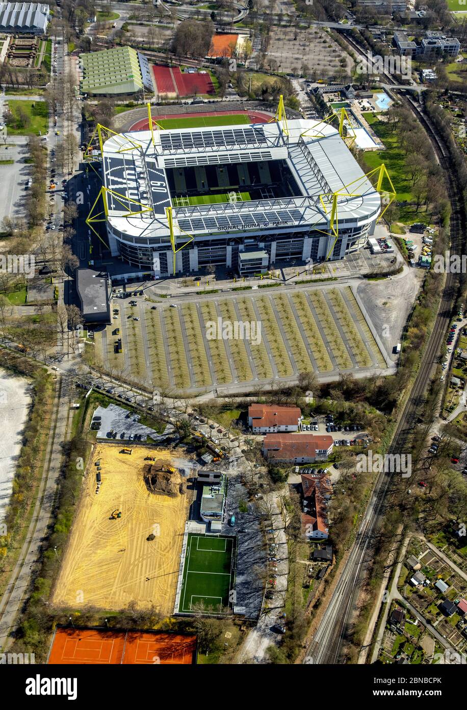 , Signal Iduna Park with the stadiums Westfalenstadion and Rote Erde in Dortmund, 04.04.2017, aerial view, Germany, North Rhine-Westphalia, Ruhr Area, Dortmund Stock Photo