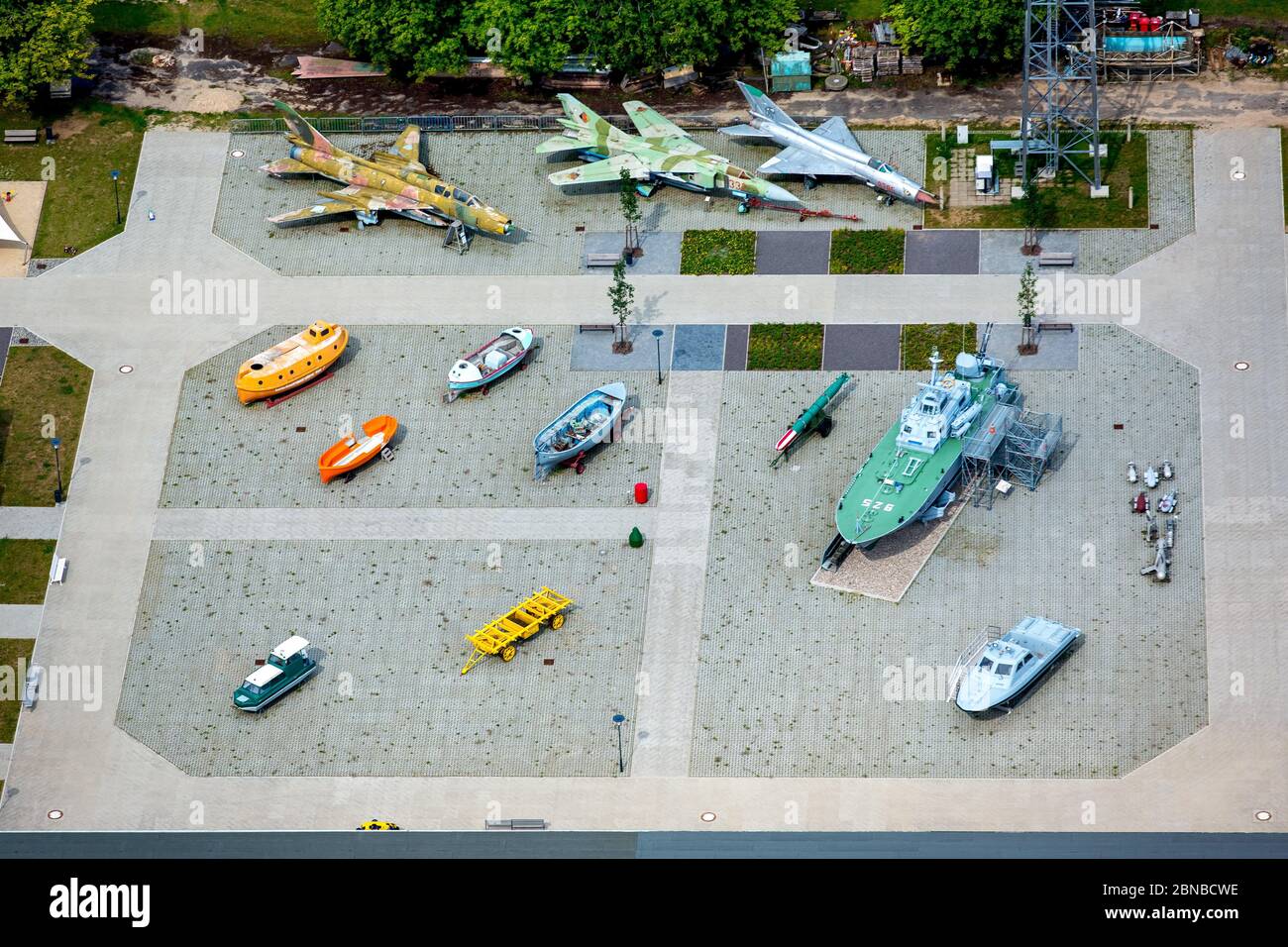 , Museum Aeronautical Engineering Museum Rechlin with outdoor exhibition space in Rechlin, 23.07.2016, aerial view, Germany, Mecklenburg-Western Pomerania, Rechlin Stock Photo