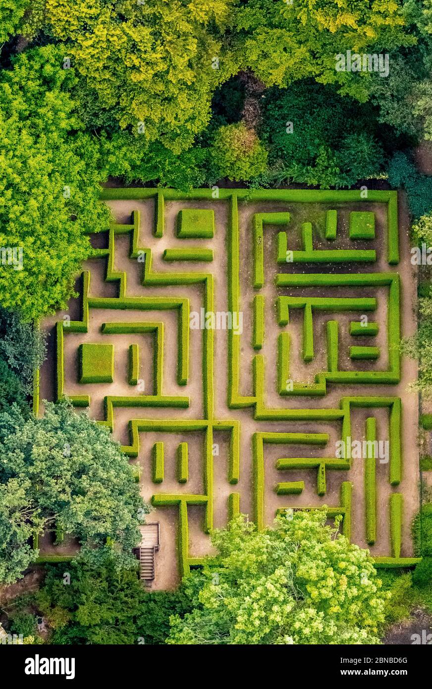 castle grounds Anholt with hedge maze, 01.08.2019, aerial view, Germany, North Rhine-Westphalia, Lower Rhine, Isselburg Stock Photo