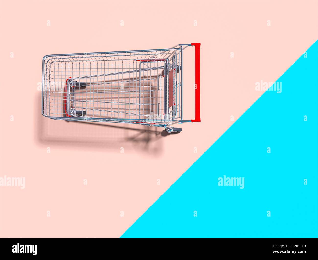 top view of an empty shopping cart on a bicolor background. nobody around. 3d render. flat lay style. online commerce concept. Stock Photo