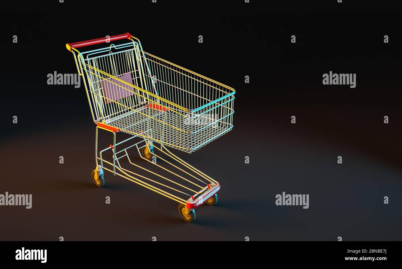 empty shopping cart, black background. online shopping concept. 3d render. nobody around. Stock Photo
