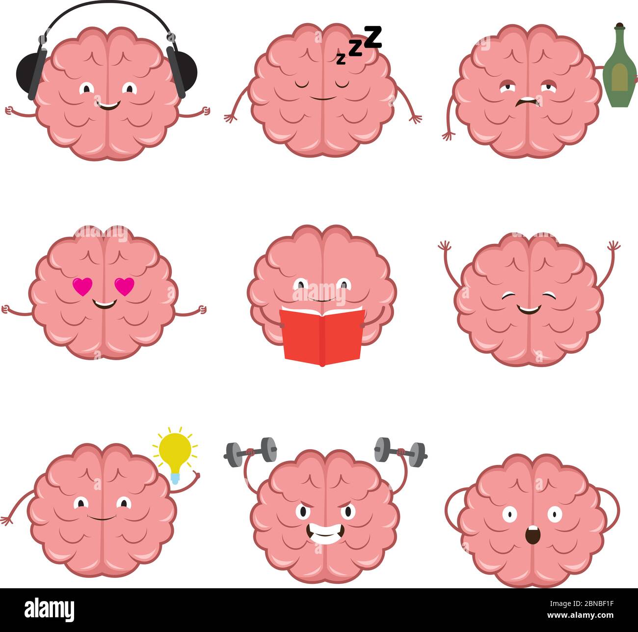 Funny strong, healthy and smart brain. Brains emotions vector cartoon characters set. Illustration of brain funny, smart and drunk intellect Stock Vector