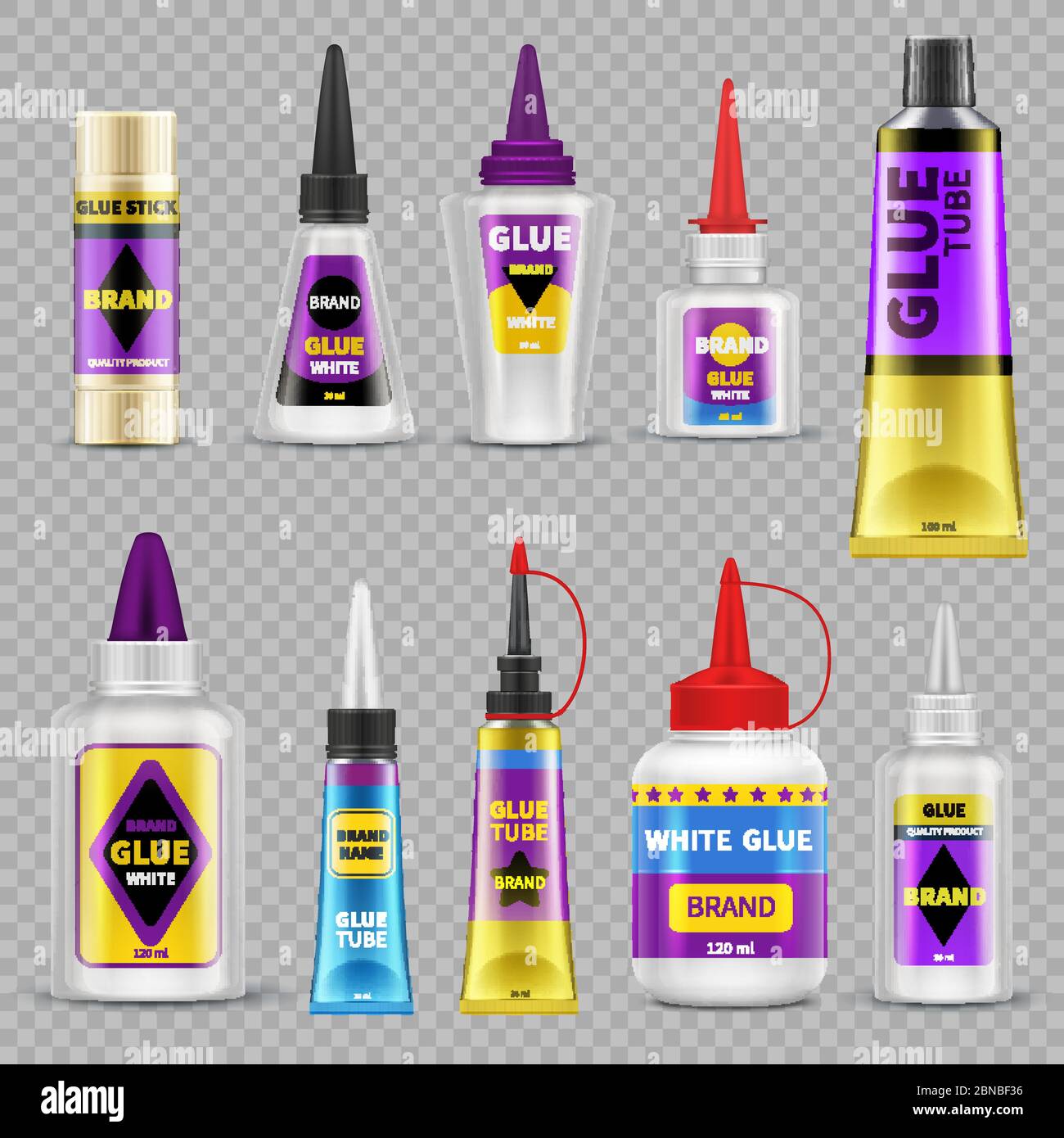 Glue tubes. Adhesive stick and bottle plastic packaging 3d isolated